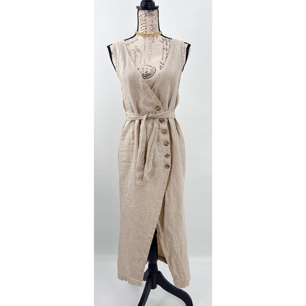 B51 Posse Linen Midi Dress S Belted Wrap Style Vacation Neutral Brunch Everyday - Picture 2 of 9